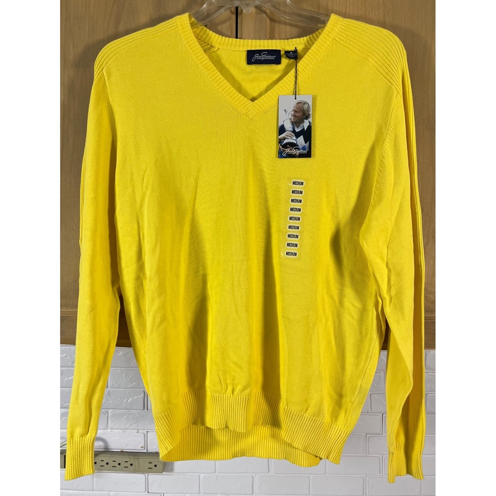 Jack Nicklaus Sweater Mens Medium Yellow V-Neck Golden Bear Golf Knit NWT